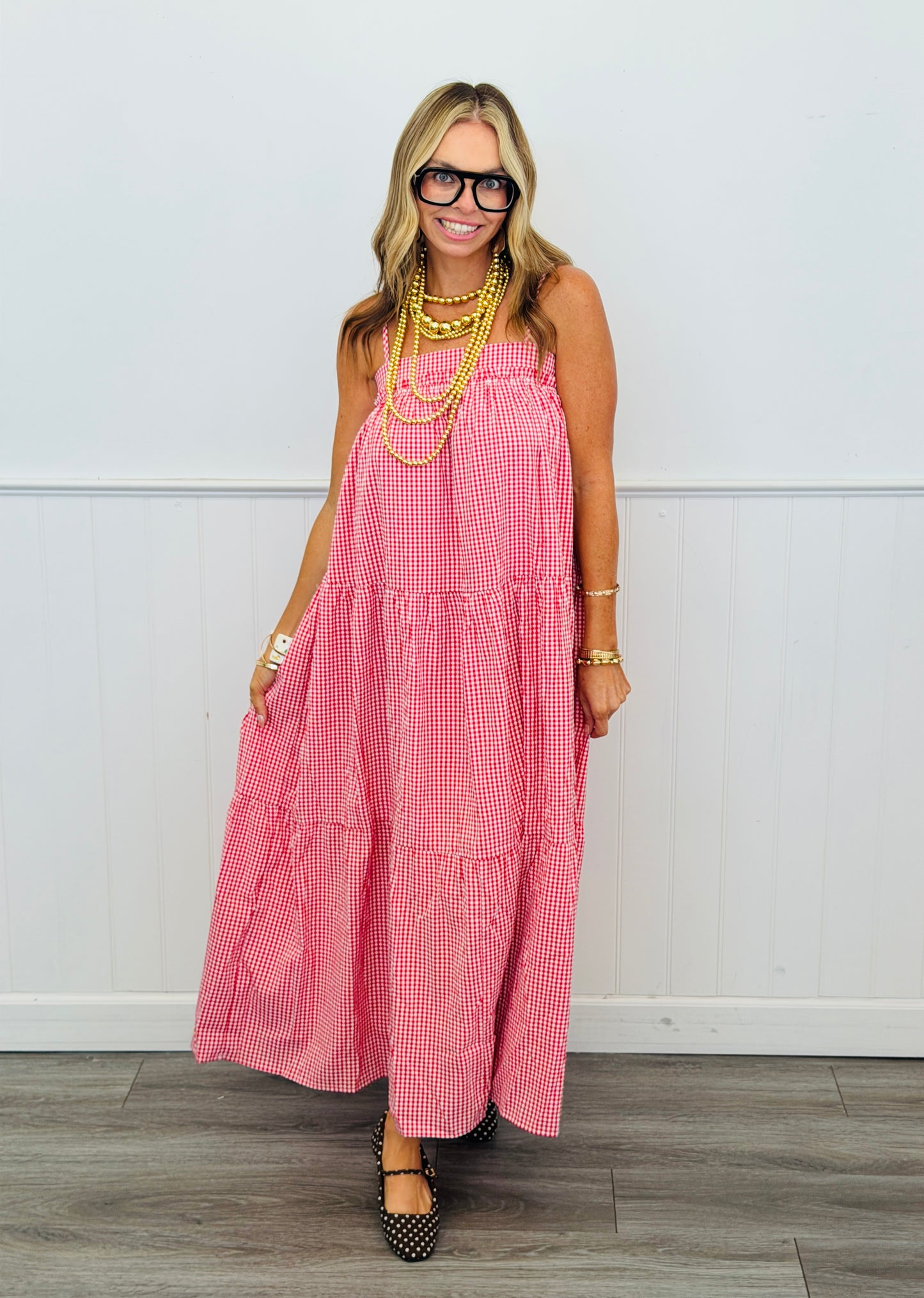 Red Gingham Back Bow Tiered Maxi Dress (Reg.)