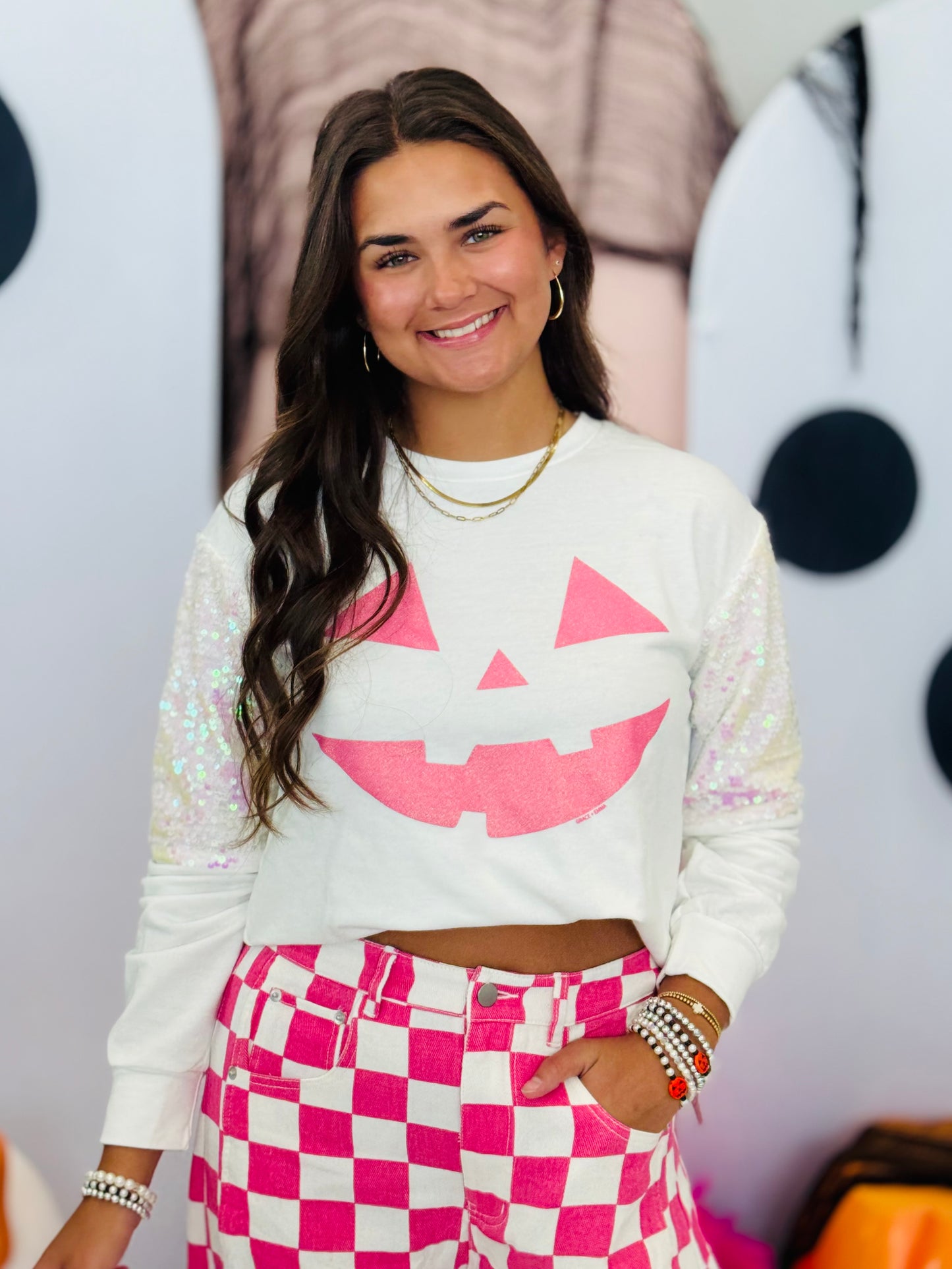 White Jack-O-Lantern Sequin Sleeves Sweatshirt (Reg. and Plus)