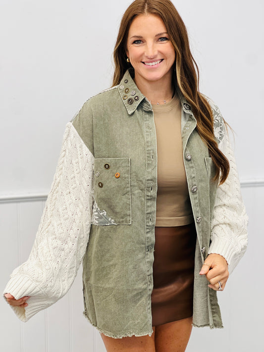 POL Olive Twill & Lace Sweater Sleeve Shacket (Reg.)