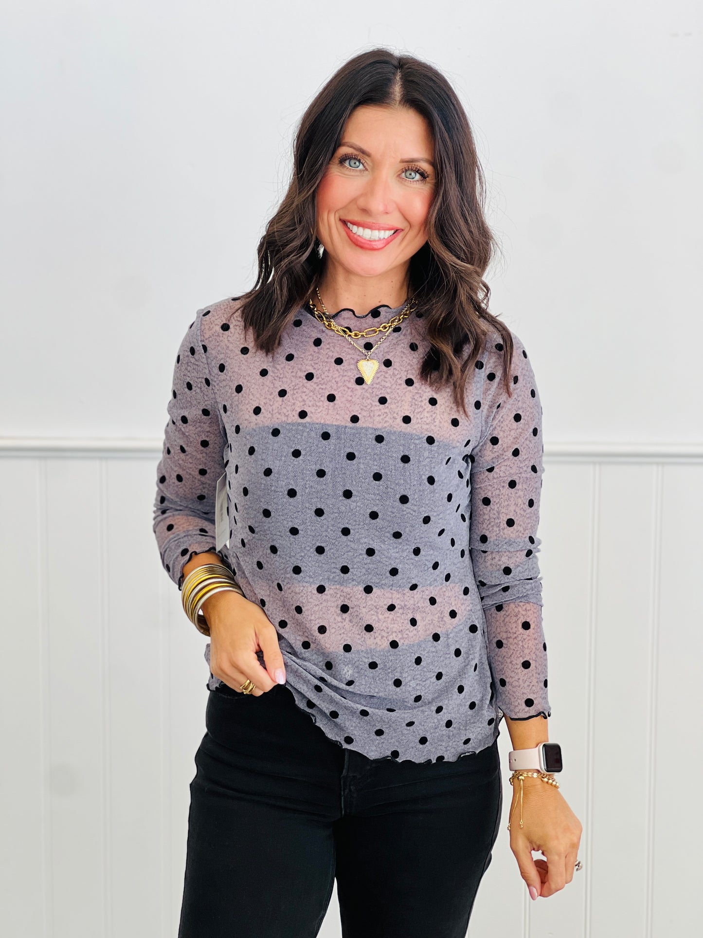 Polka Dots Mesh LS Top (Reg & Plus)-2 Colors