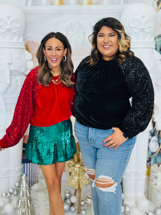 Luxe Velvet Sequin Sleeves Blouse (Reg & Plus)-2 Colors