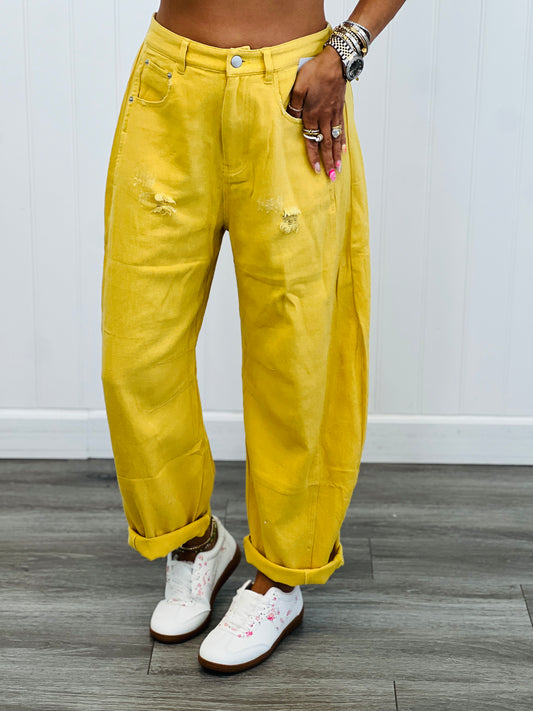 Acid Washed Yellow Denim Barrel Pants (Reg & Plus)