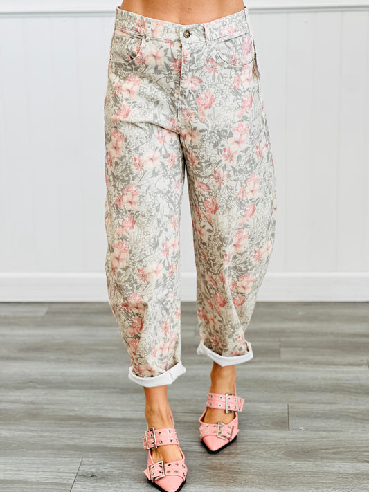 Khaki Floral Print Barrel Pants (Reg & Plus)