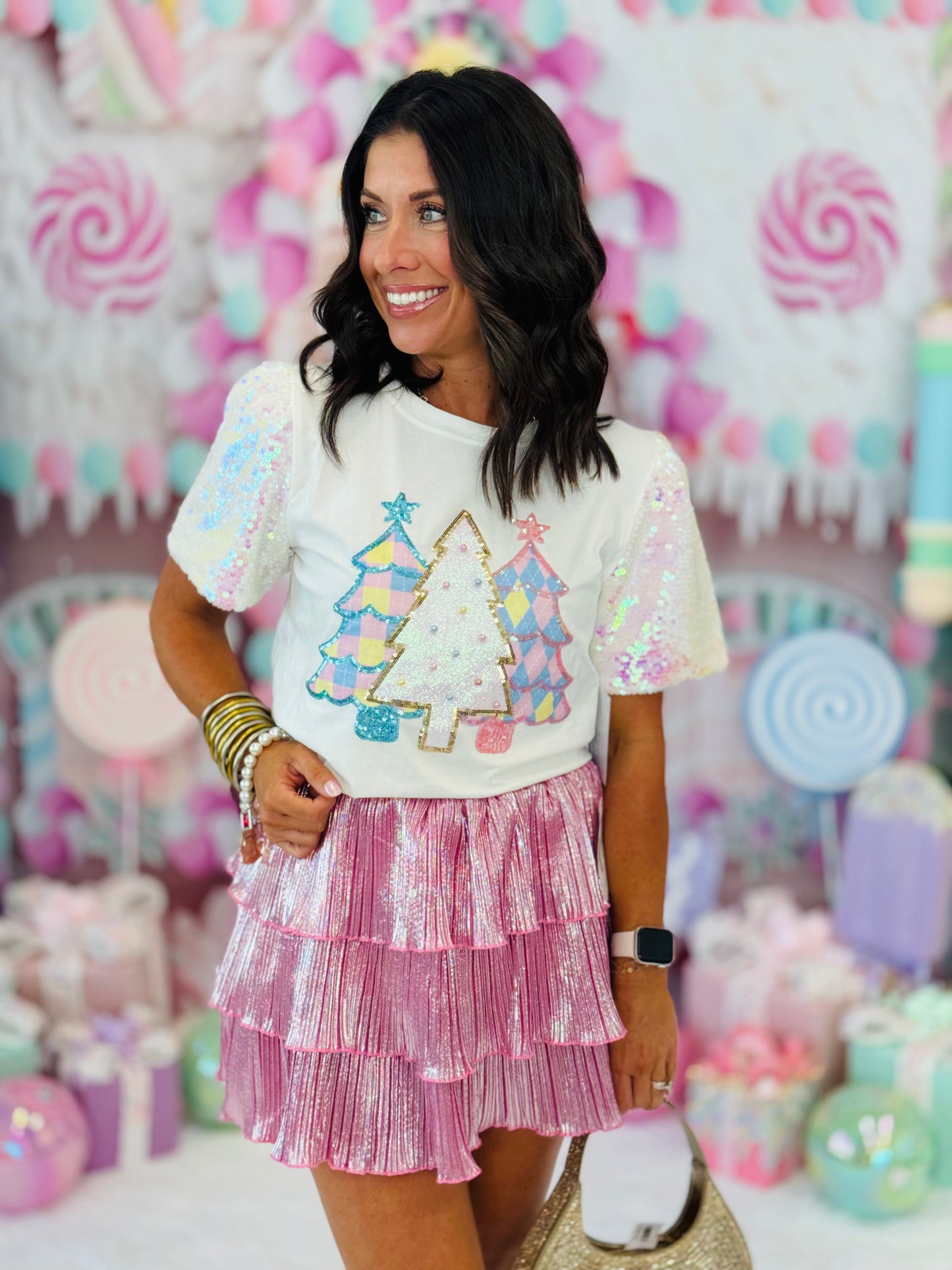 White Festive Forest Sequin Sleeve Top (Reg. and Plus)