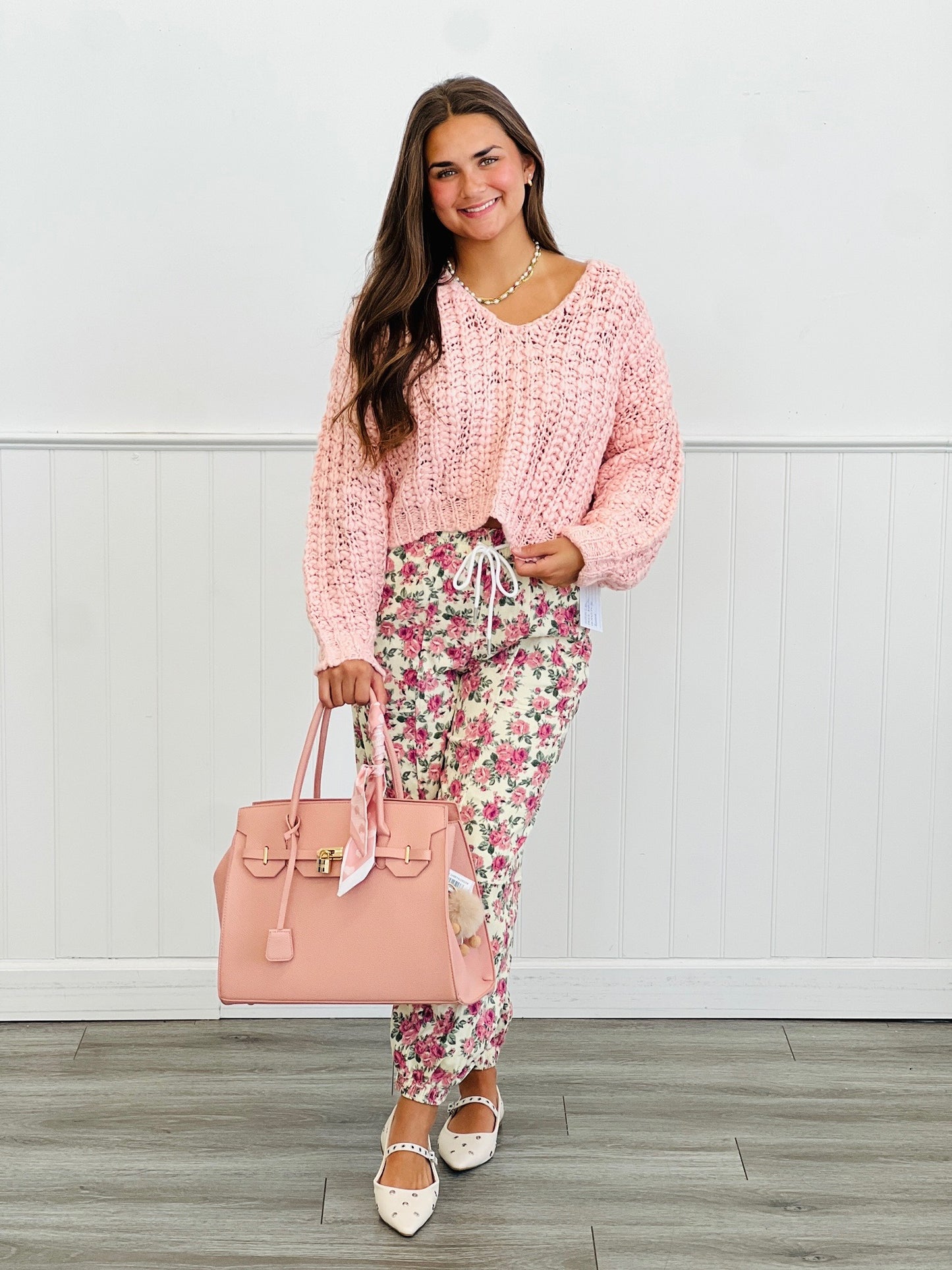 Cream/Pink Floral Print Twill Joggers (Reg.)