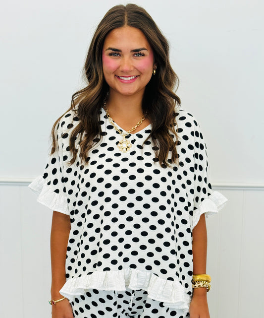 White/Black Polka Dot Ruffle Hem Blouse (Reg. and Plus)