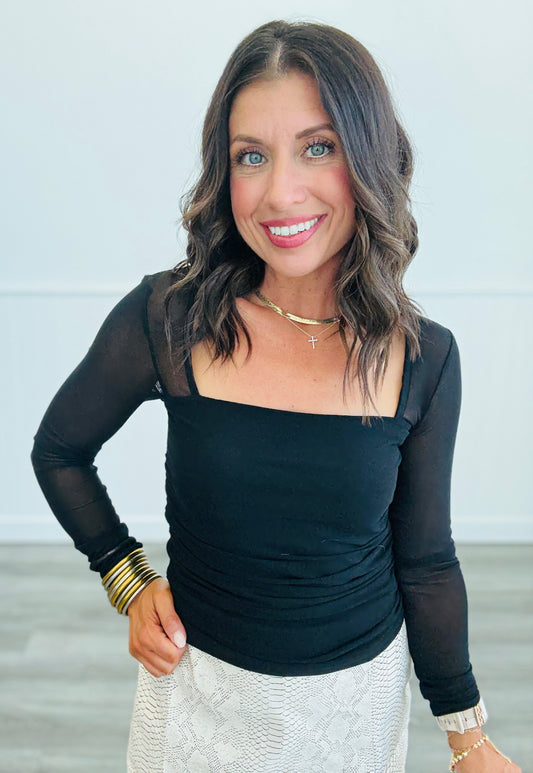 Black Square Neck Semi Sheer Top (Reg.)