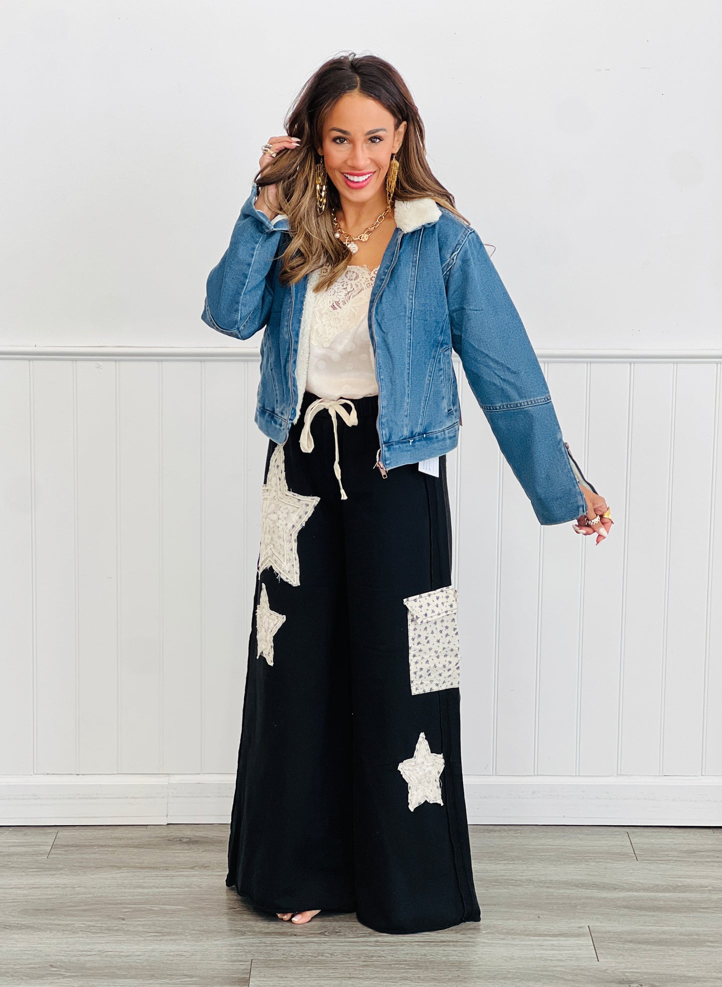 POL Black Denim Lace Star Patch Pants (Reg.)