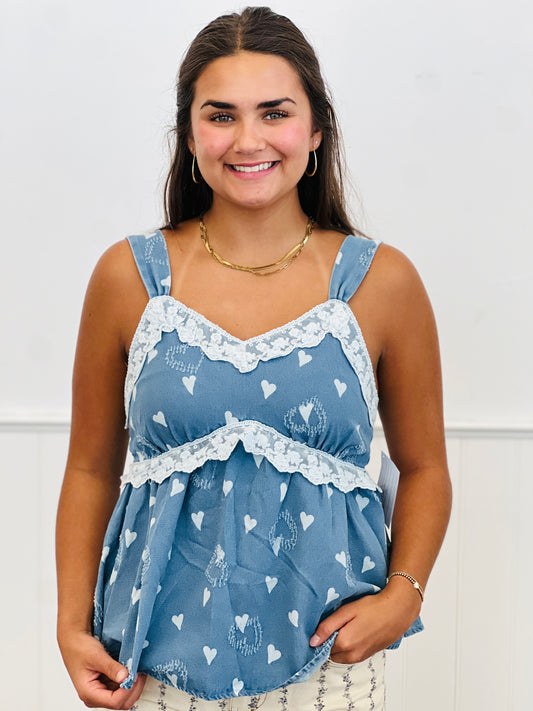Chambray Heart Printed Lace Detailed Top (Reg. and Plus)