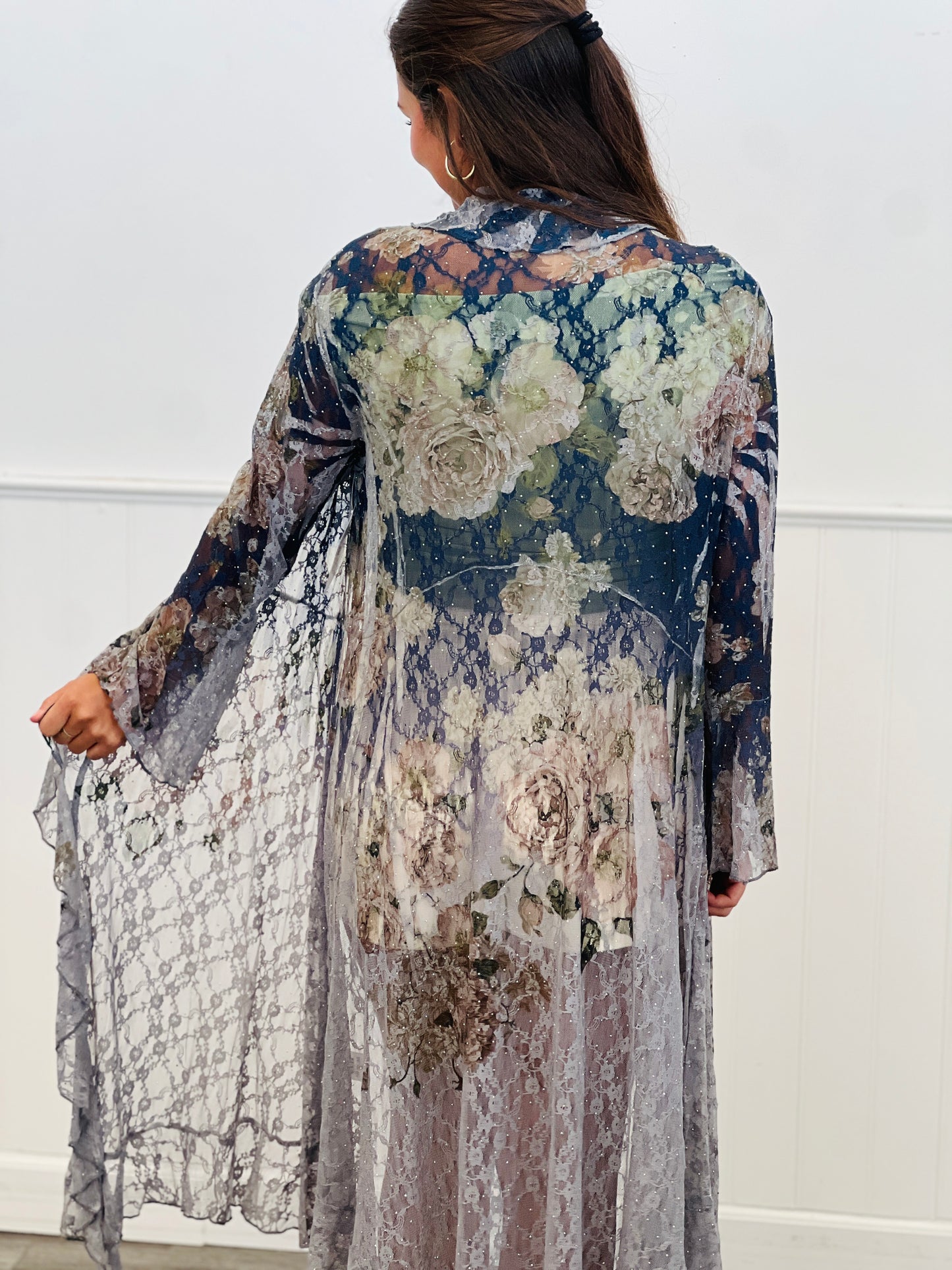 Navy Floral Long Ruffle Detailed Duster (Reg. and Plus)
