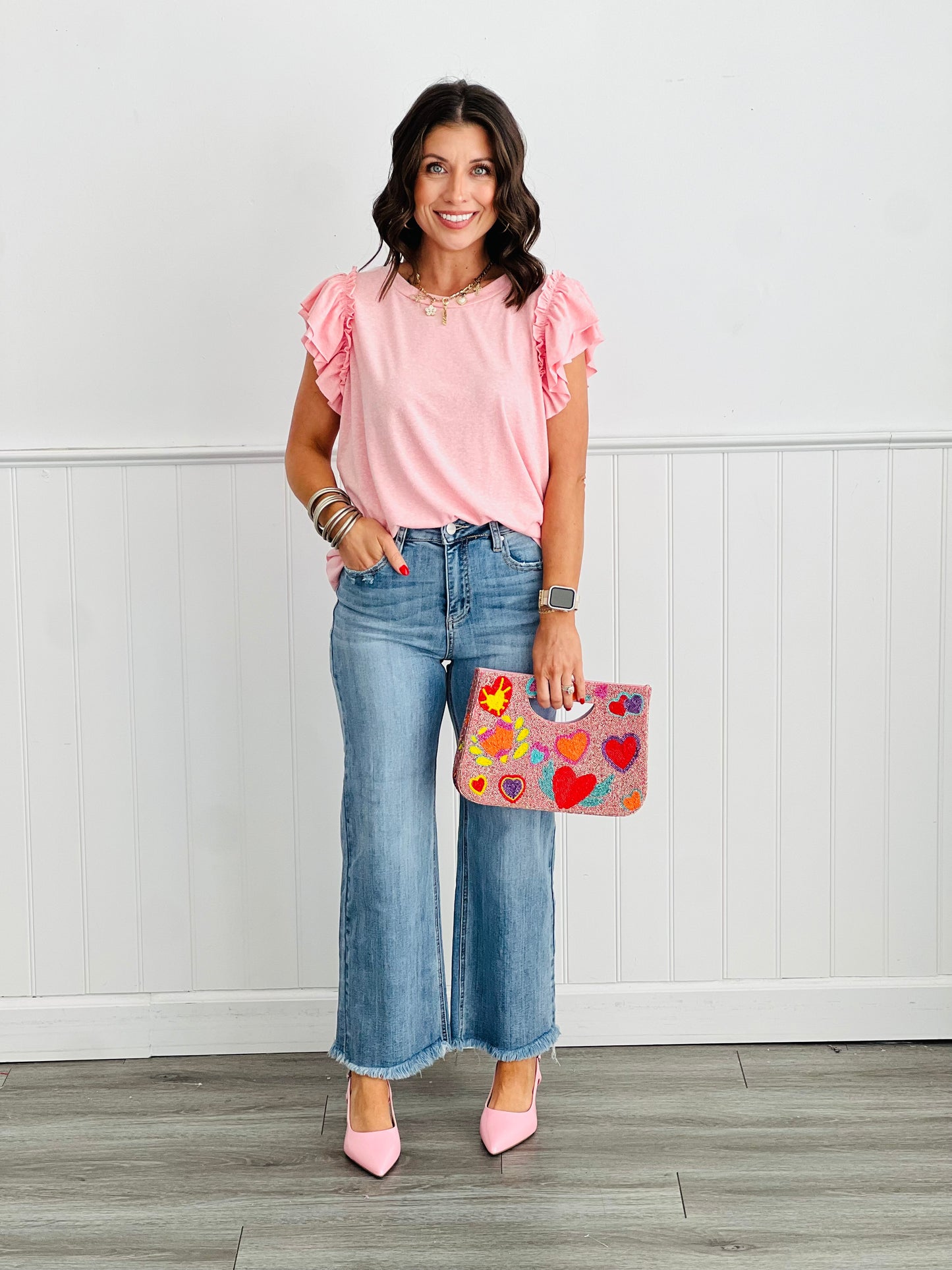 Relaxed Fit Round Neck Ruffle Sleeve Top (Reg. & Plus)- 4 Colors