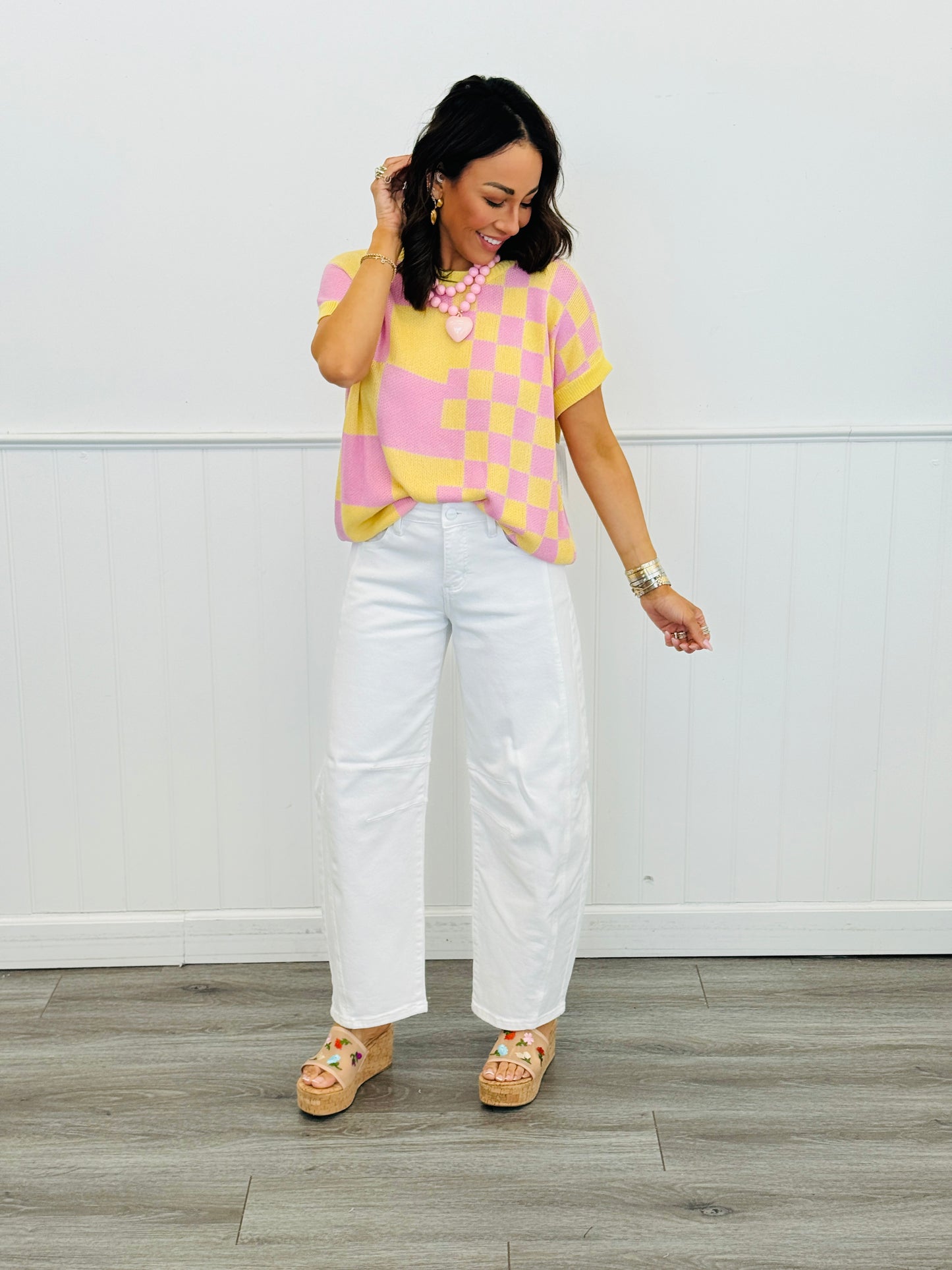 Yellow Mix Checkered Knit Sweater Top (Reg.)