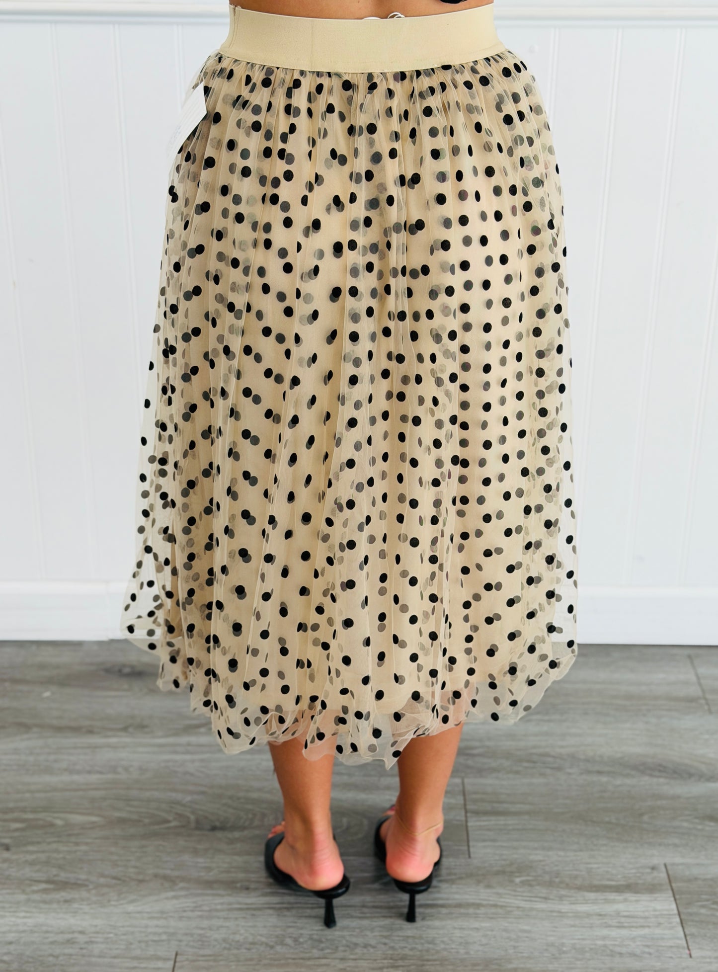 Apricot Polka Dot Print Tulle Midi Skirt (Reg & Plus)
