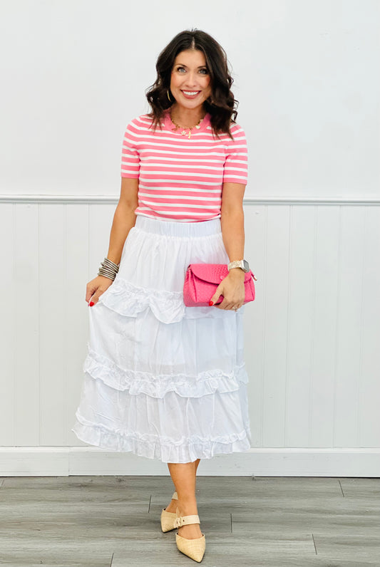 White Ruffle Layered Midi Skirt (Reg & Plus)