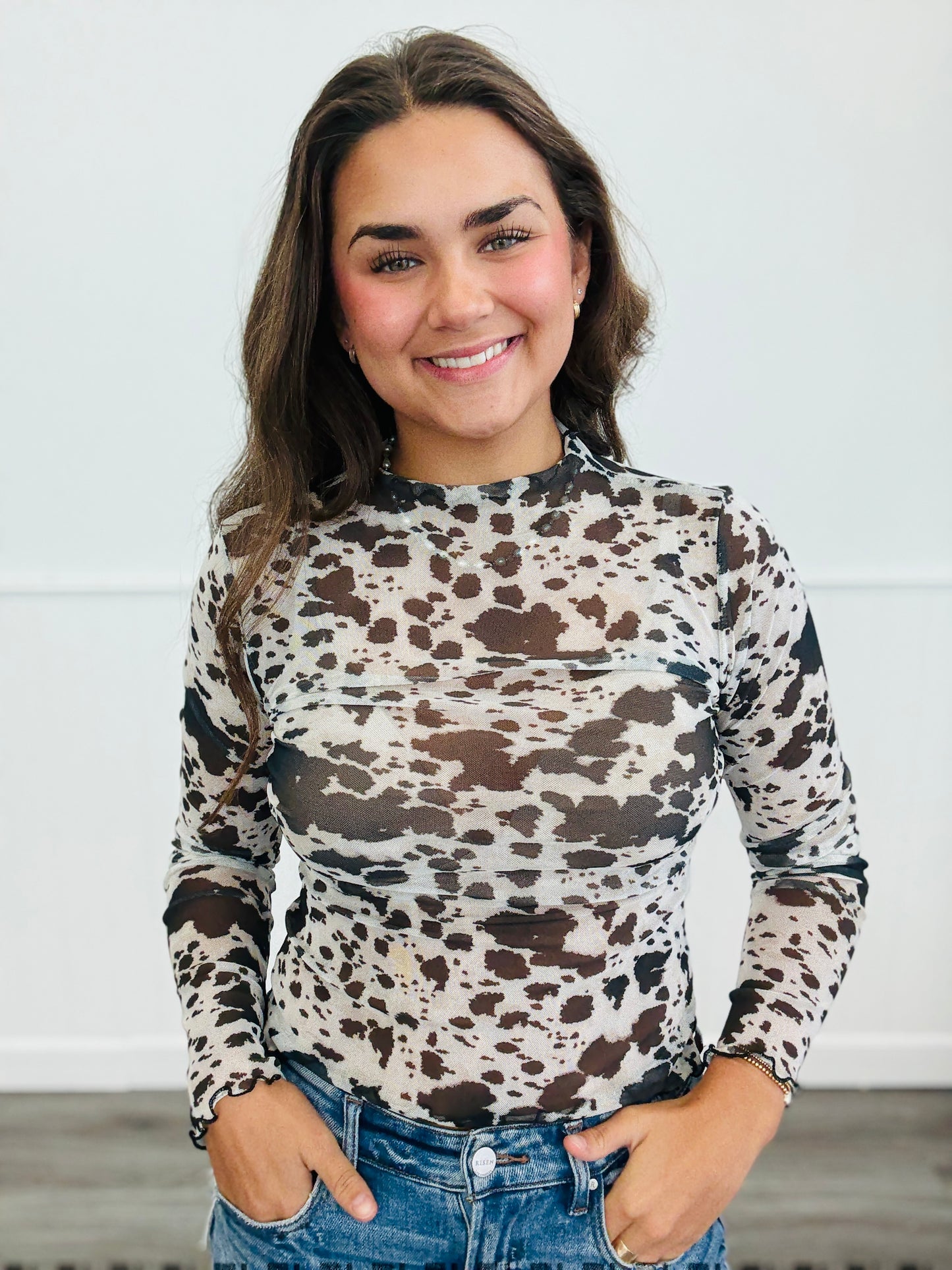 Black/Cream Cow Print Mesh Top (Reg.)