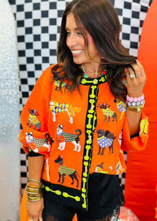 Queen Of Sparkles Orange Halloween Dogs Button Up Cardigan (Reg. and Plus)