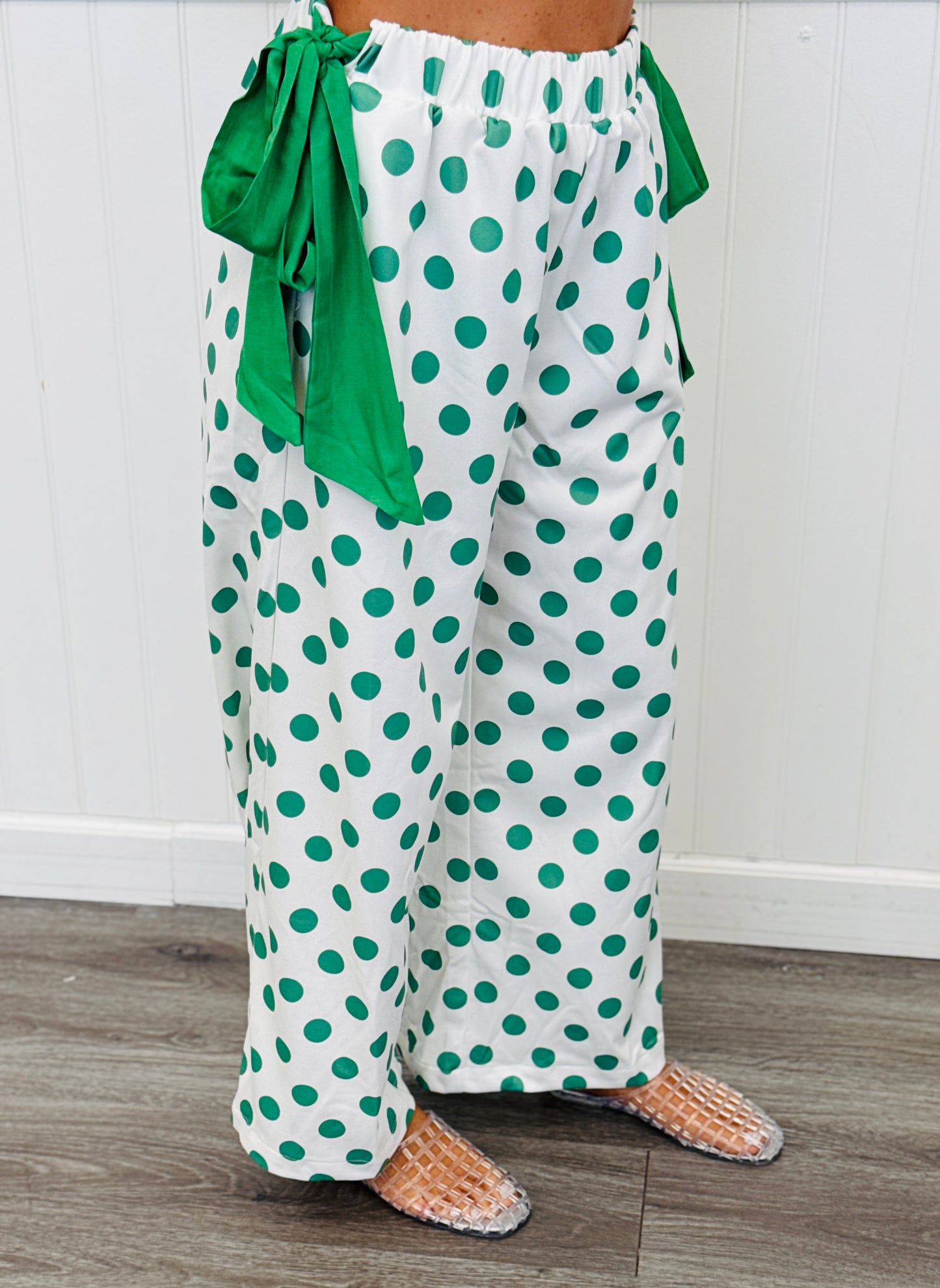 Ivory/Sage Polka Dot Side Sash Wide Leg Pants (Reg.)