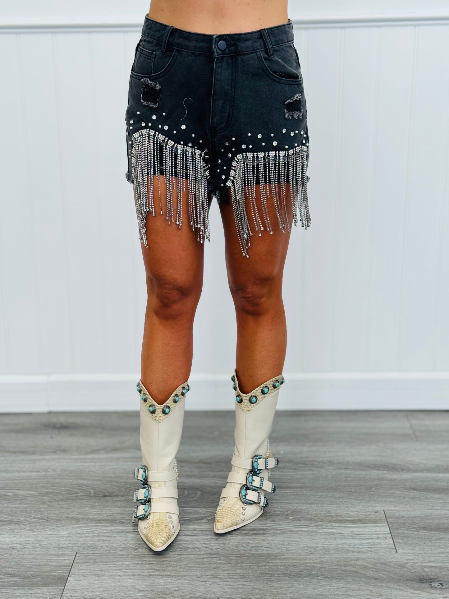 Distressed Rhinestone Fringe Shorts (Reg)