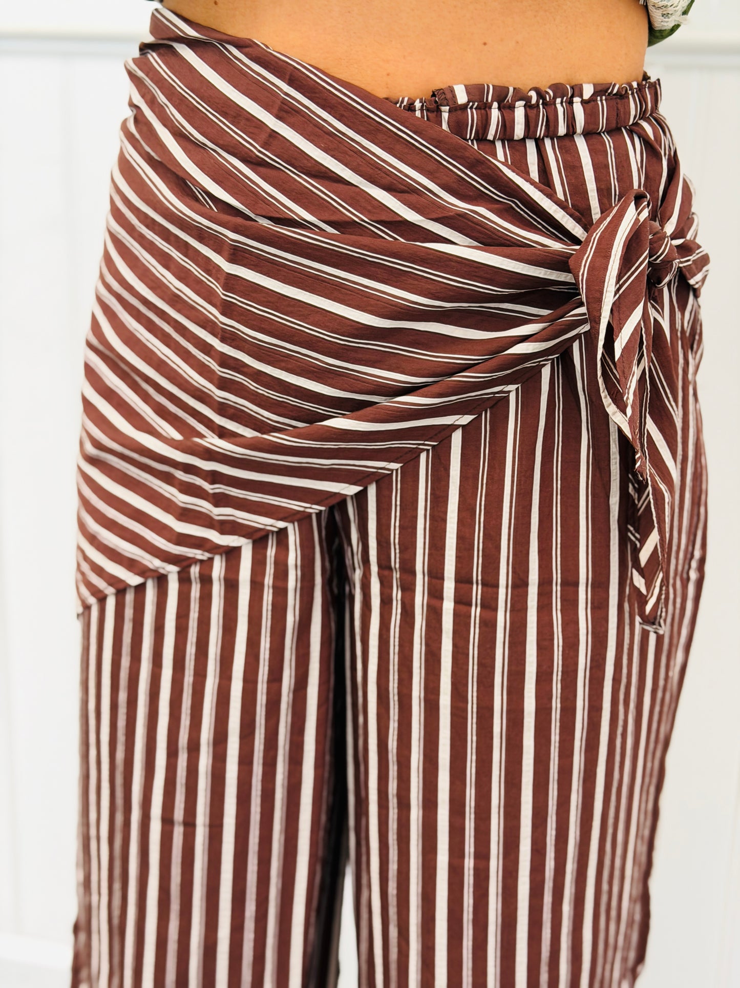 Brown Striped Front Wrap Detail Pants (Reg.)