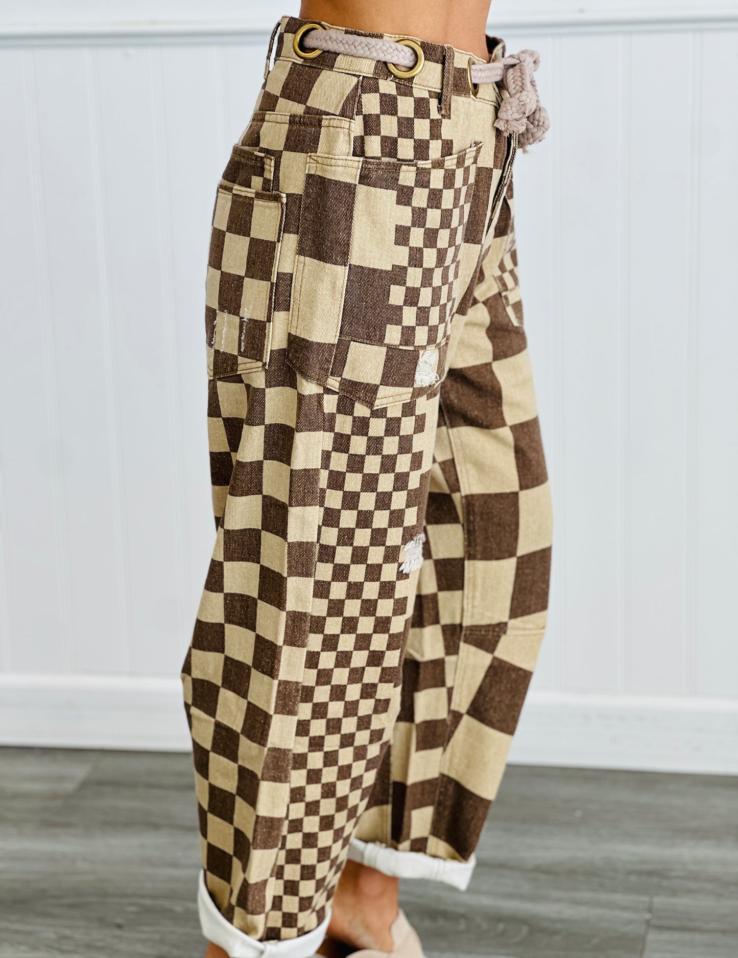 Mocha Checkered Braided Belt Pants (Reg.)