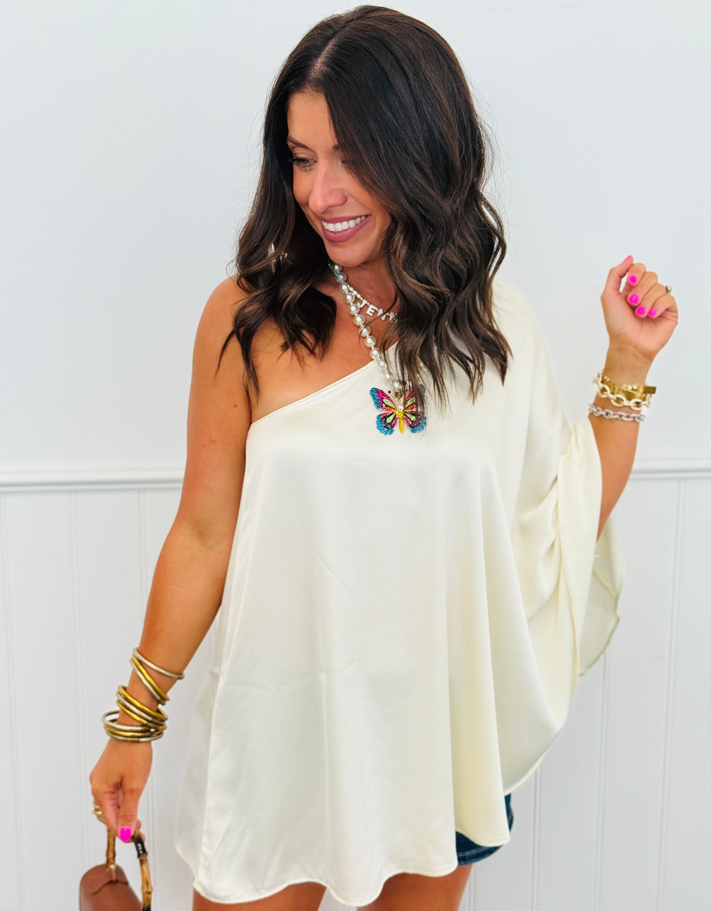 Satin One Shoulder Poncho Top (Reg.) - 2 Colors