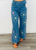 Denim Blue Embroidered Floral Pants (Reg & Plus)