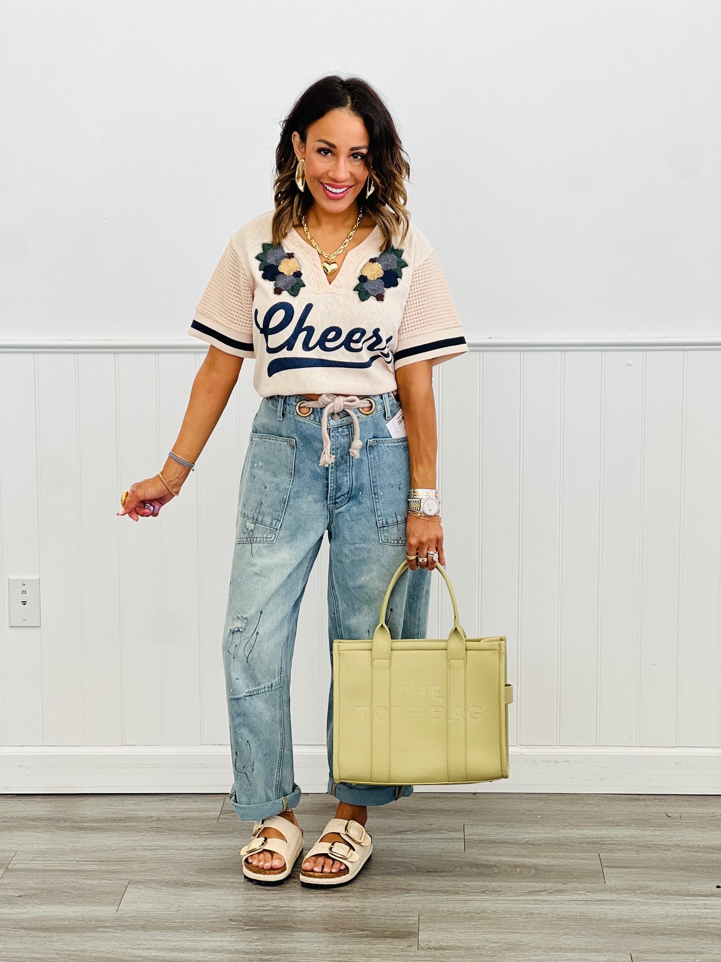 Beige Floral Patch & Lace Cheers Tee Top (Reg & Plus)