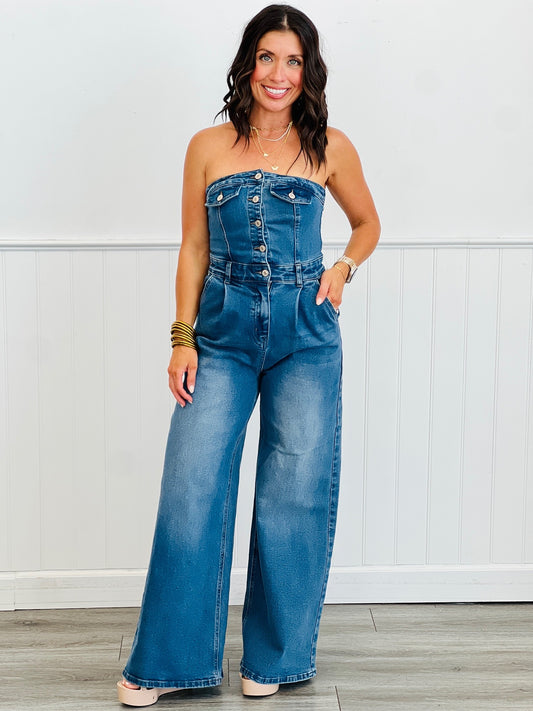 Medium Indigo Denim Strapless Jumpsuit (Reg.)