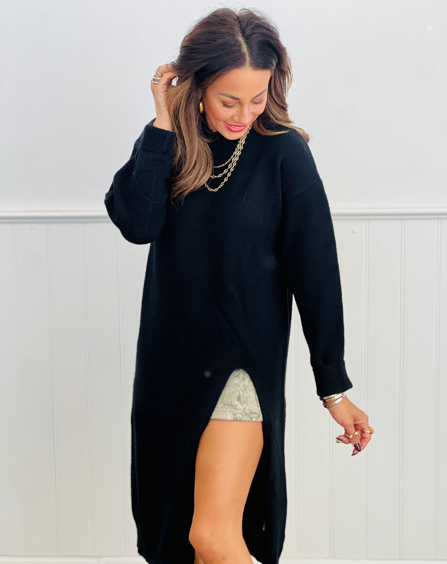 Black Asymmetrical Split Knit Midi Dress (Reg & Plus)