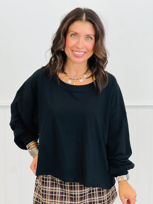 Black Cotton Slub Open Back Top (Reg.)