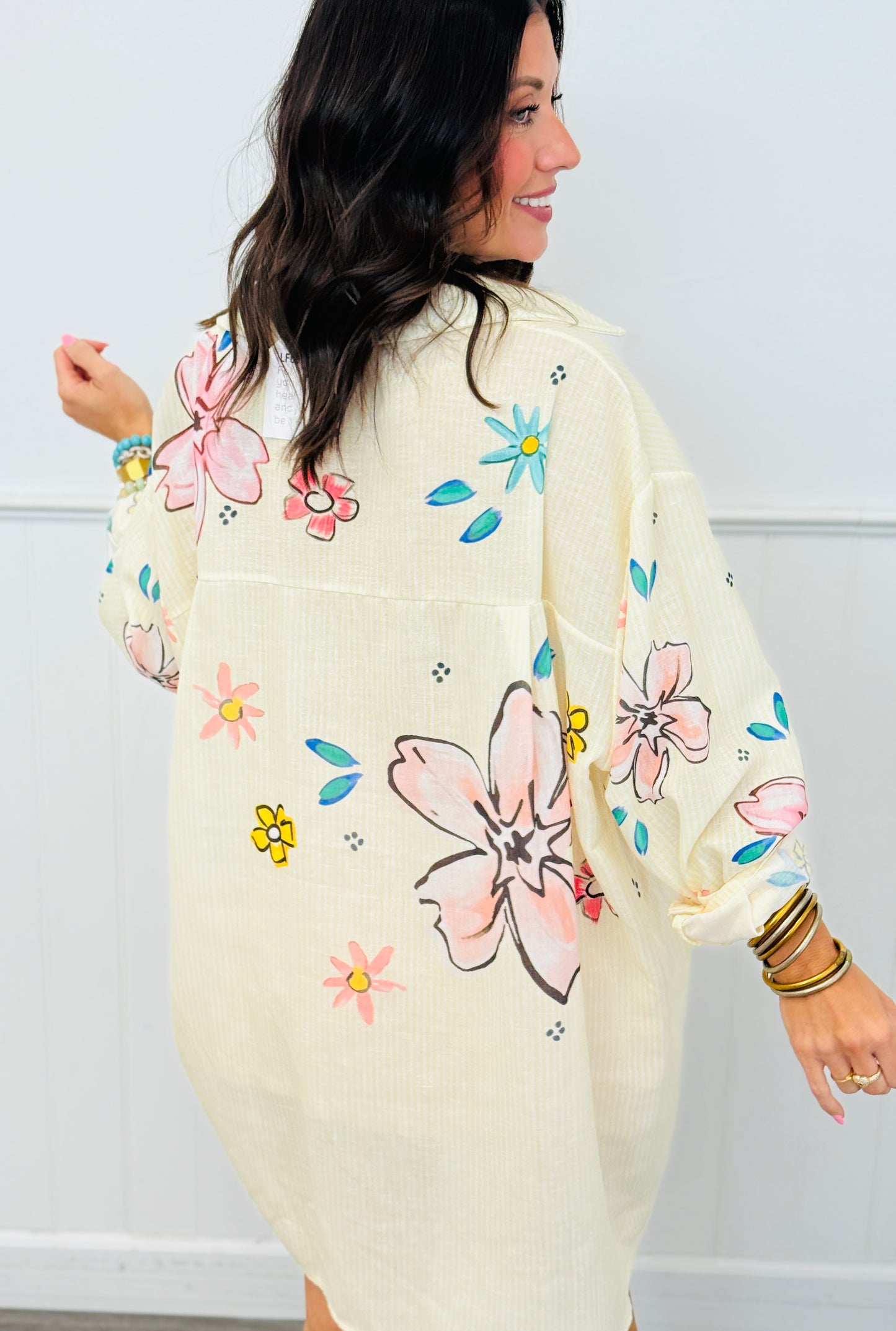 Yellow Stripe Floral Detailed Button Up Blouse (OS)