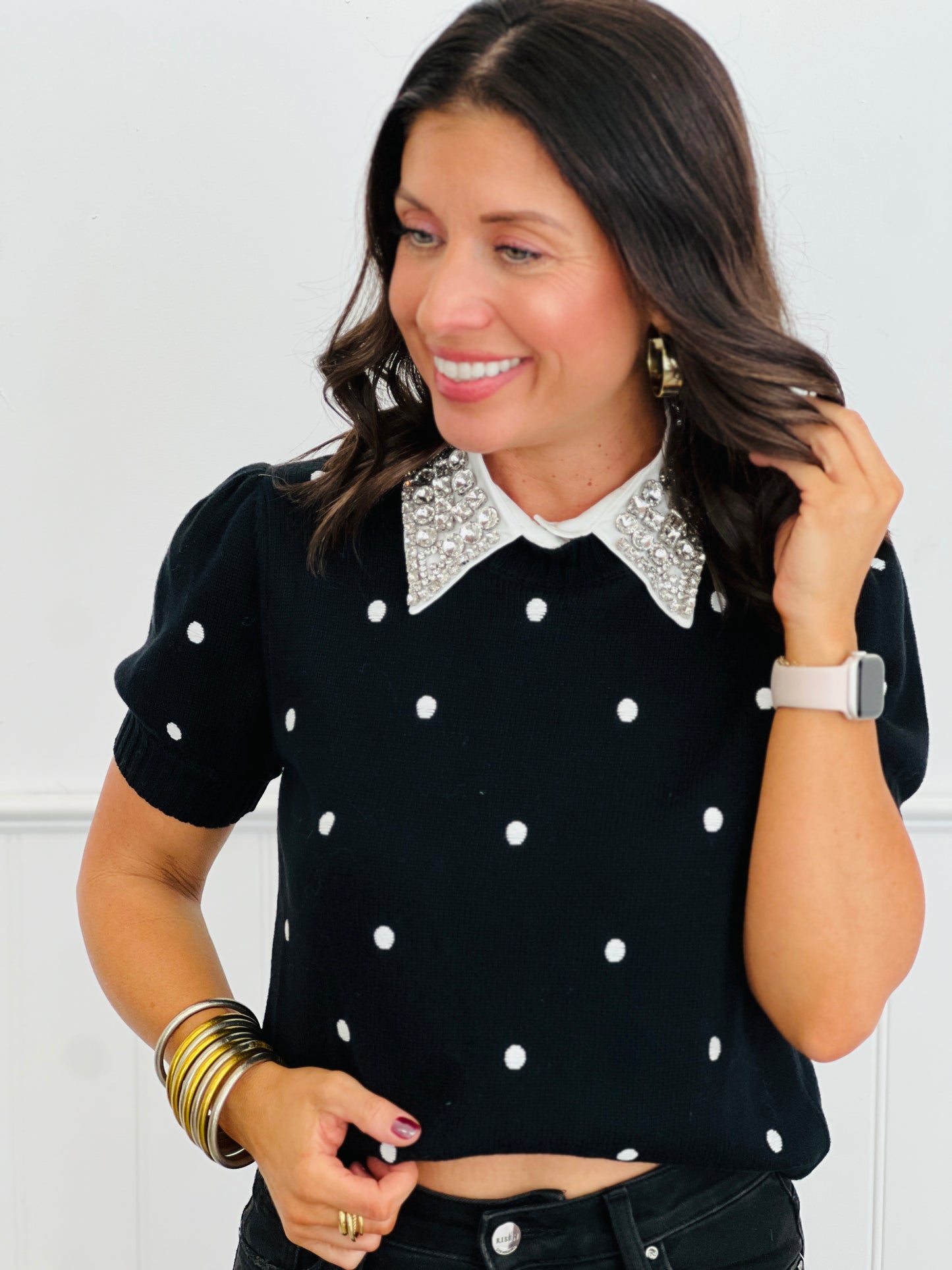 Black/Ivory Embroidered Polka Dot Sweater Top (Reg.)