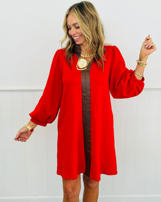 Red Contrast Leather Center Stripe Mini Dress (Reg.)