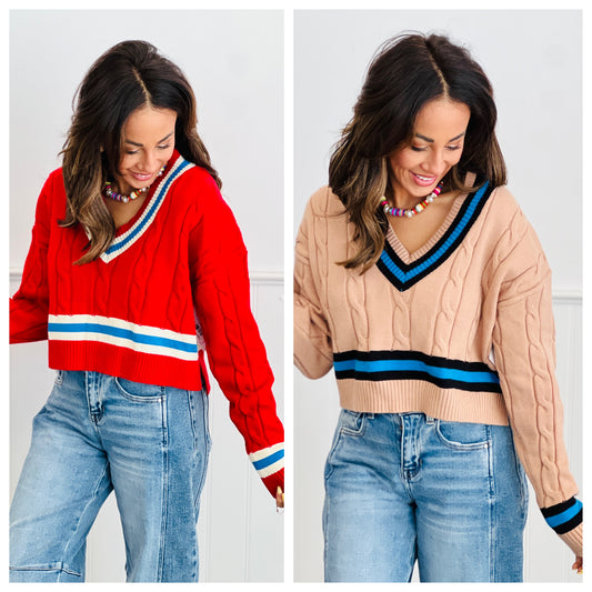 Cable Knit V-Neck Sweater Top (Reg.) - 2 Colors