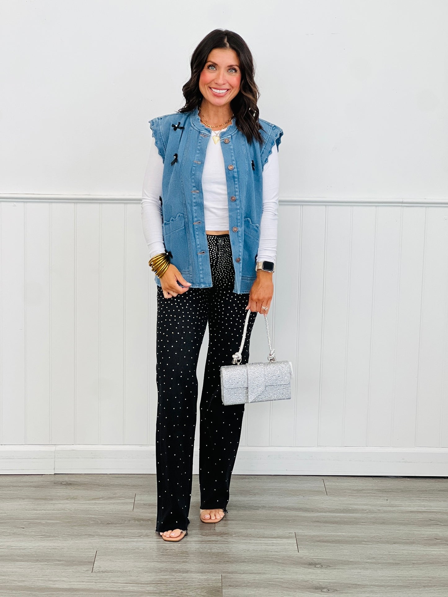 Washed Denim Scalloped & Bow Detailed Vest (Reg. and Plus)
