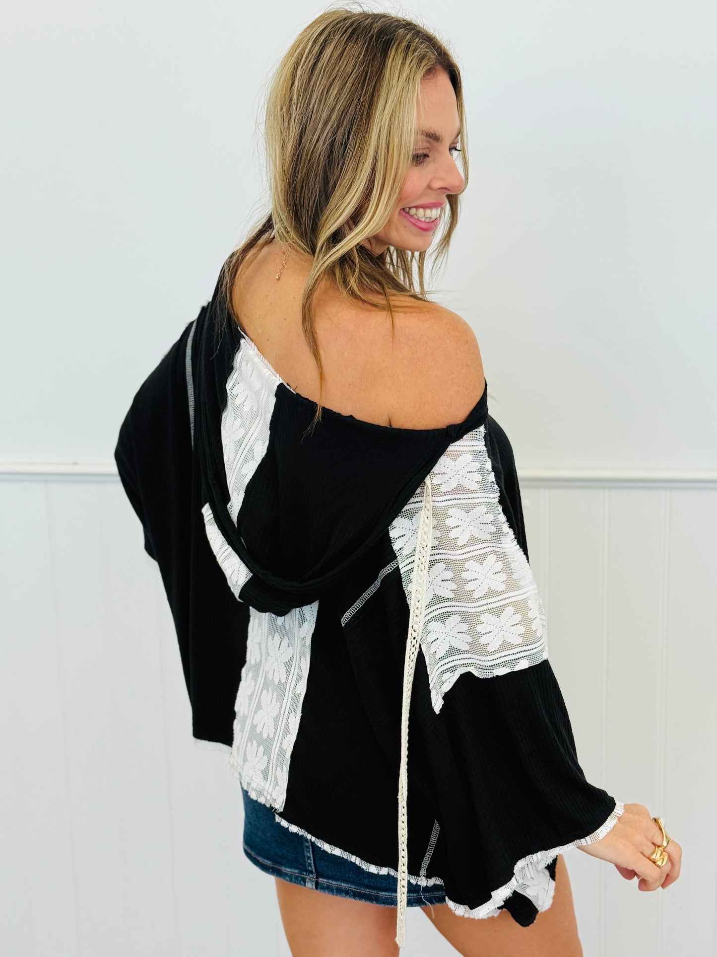 POL Black Ribbed Knit & Lace Hoodie Top (Reg.)