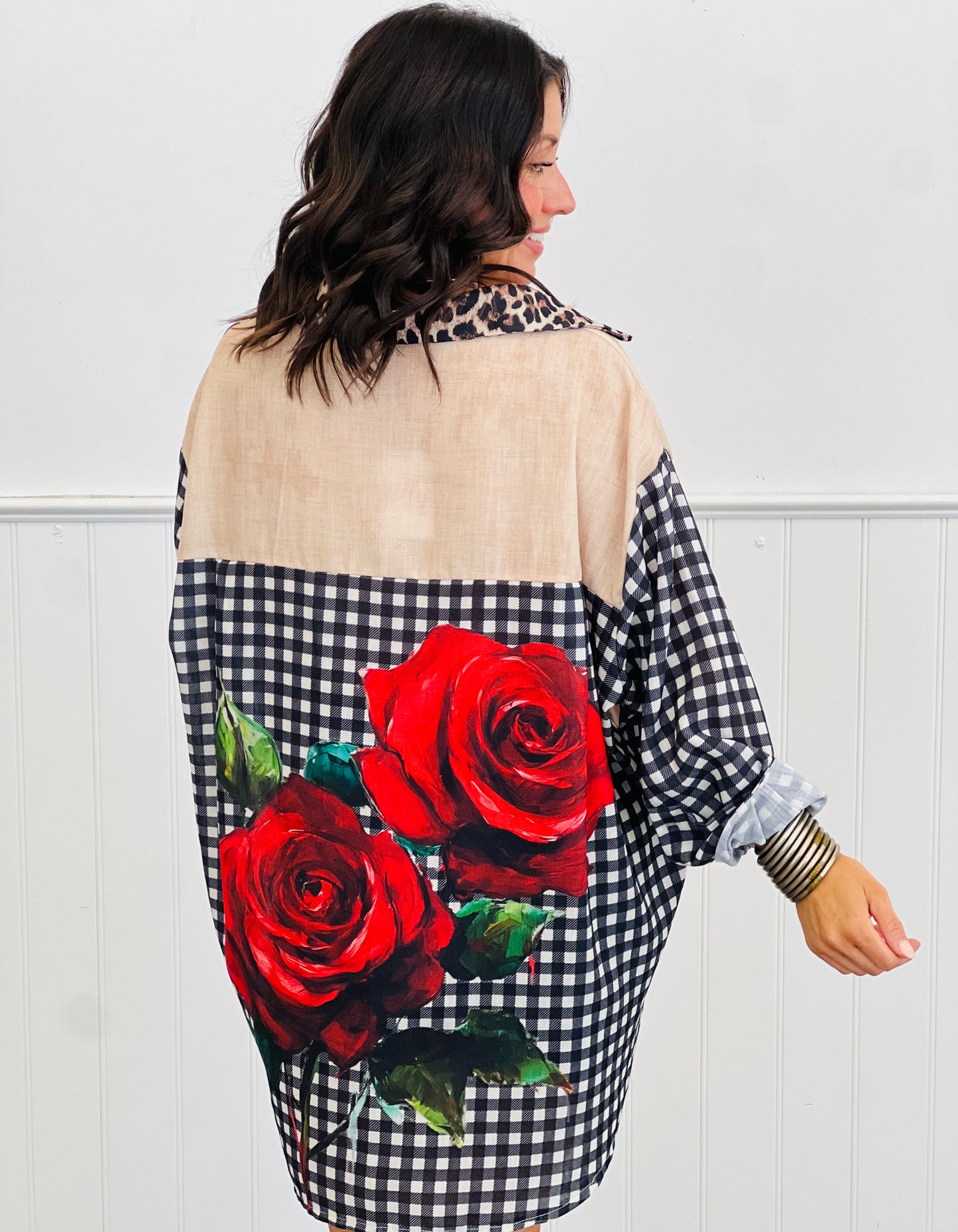 Contrast Print Roses Button Up Top (One Size)