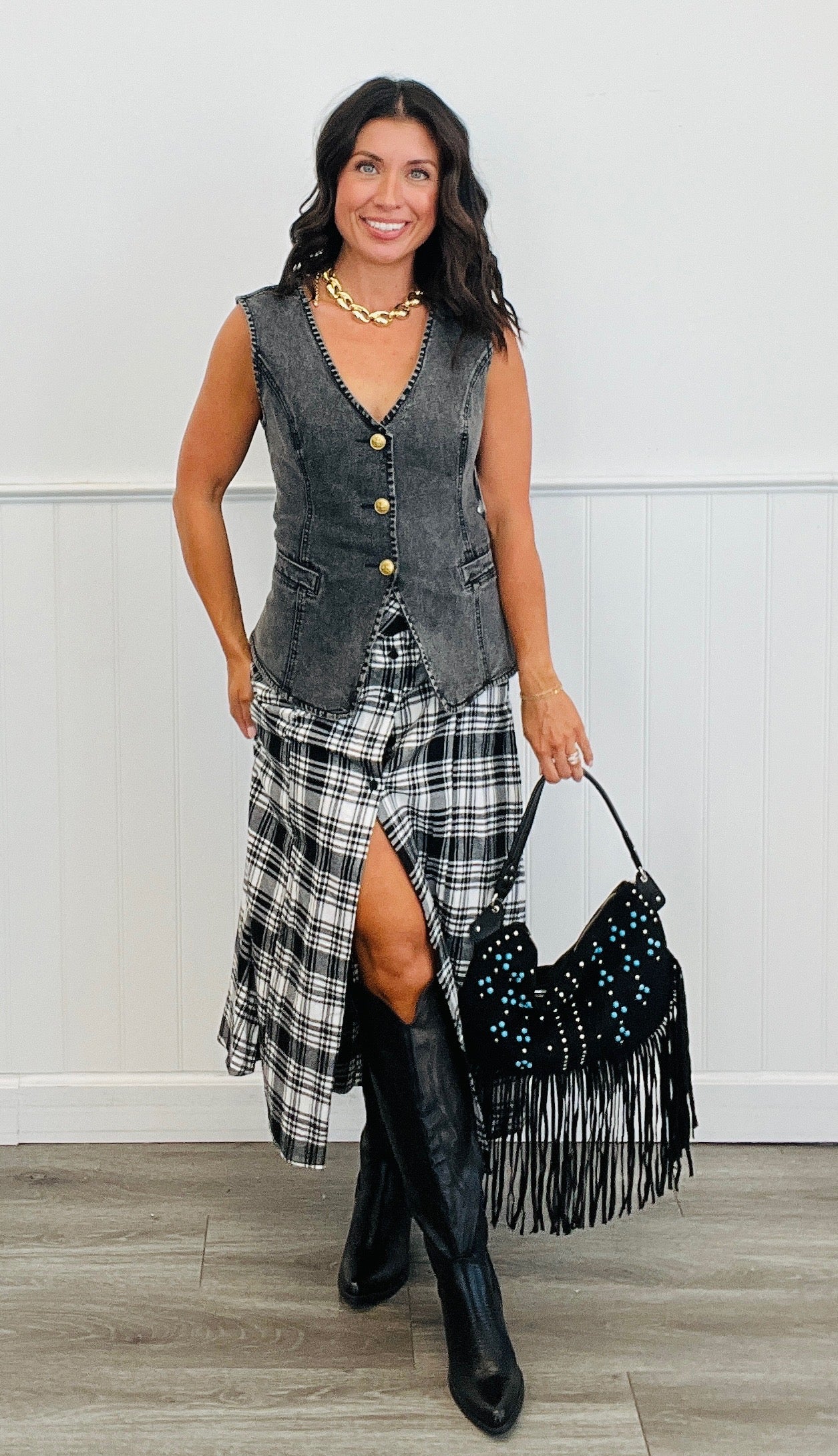 Washed Denim Button Down Vest Top (Reg.)-2 Colors