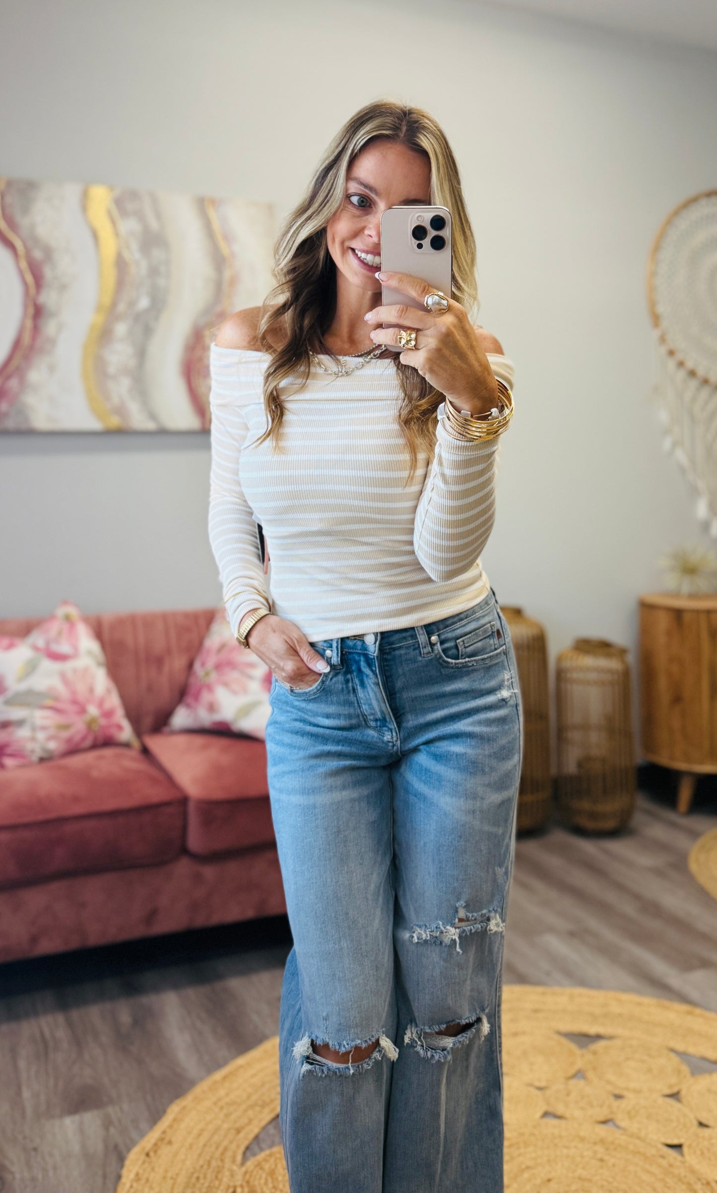 Striped Off Shoulder Top (Reg.)-3 Colors