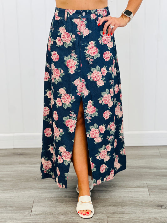 Dark Denim Floral Print Front Slit Midi Skirt (Reg. and Plus)