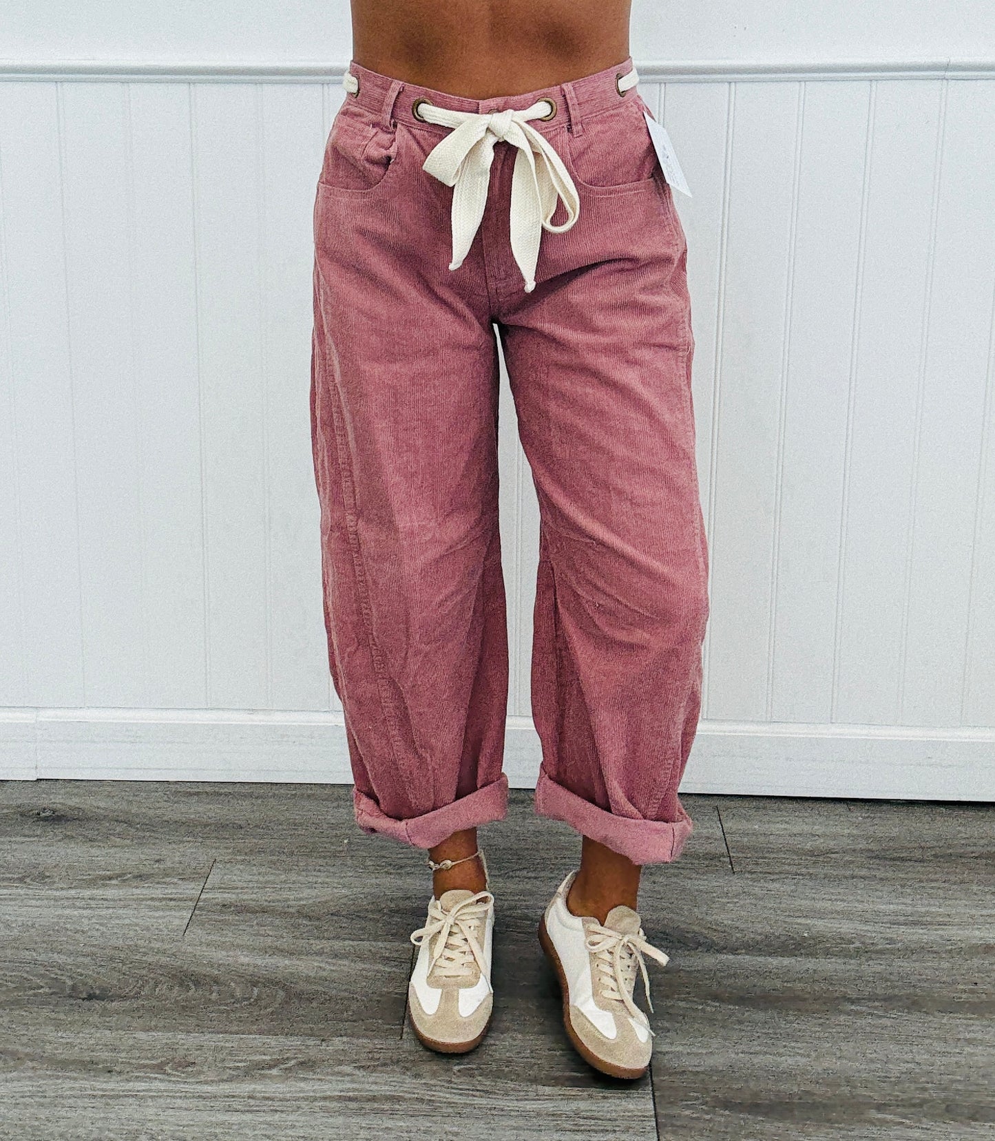 Mauve Interlaced Belt Corduroy Barrel Pants (Reg.)