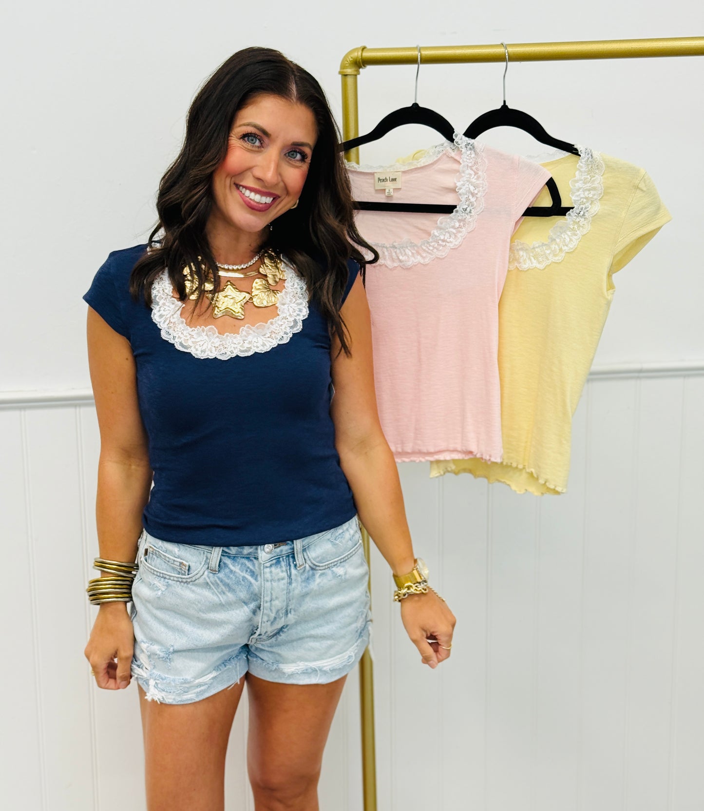 Lace Trim Cap Sleeve Tee Top (Reg.)-3 Colors