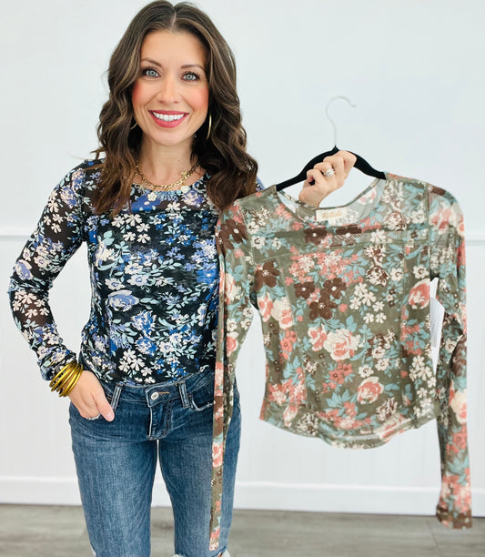 Floral Mesh Long Sleeve Top (Reg.) - 2 Colors
