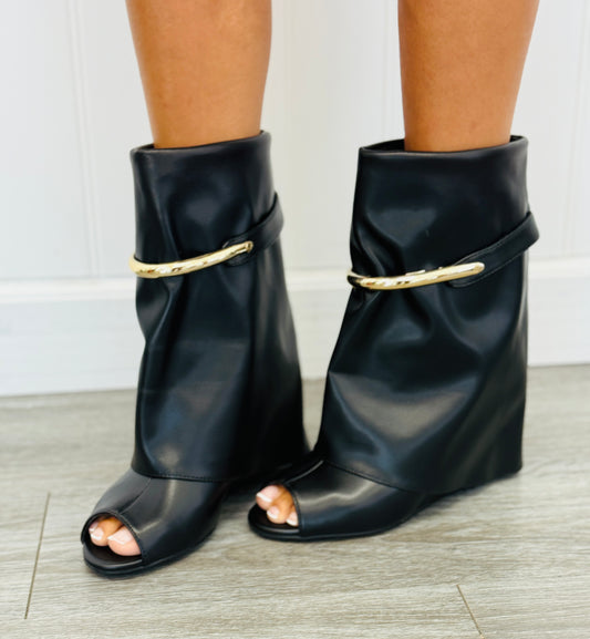 Black Golden Accent Peep Toe Boots