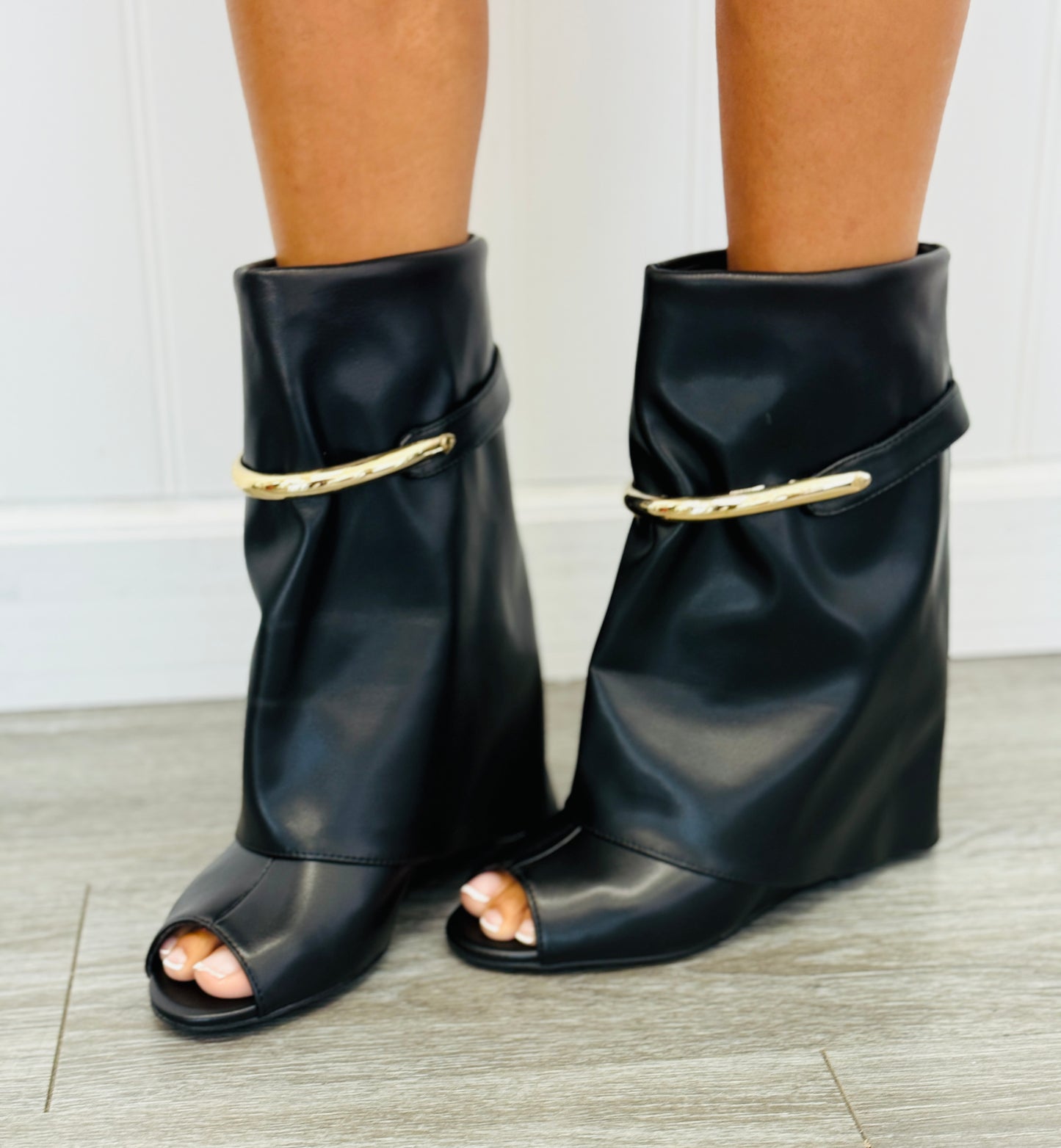 Black Golden Accent Peep Toe Boots