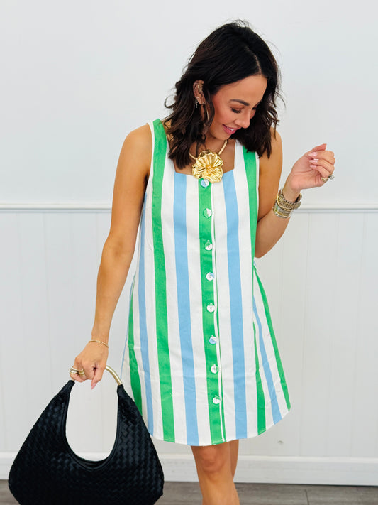 Multi Striped Square Neck Button Up Mini Dress (Reg.)
