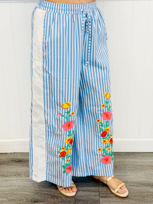 Blue Mix Striped Floral Embroidered Wide Leg Pants (Reg.)