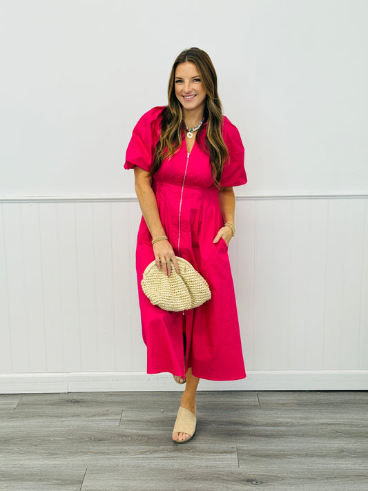 Fuchsia Zip Up Midi Dress (Reg. and Plus)