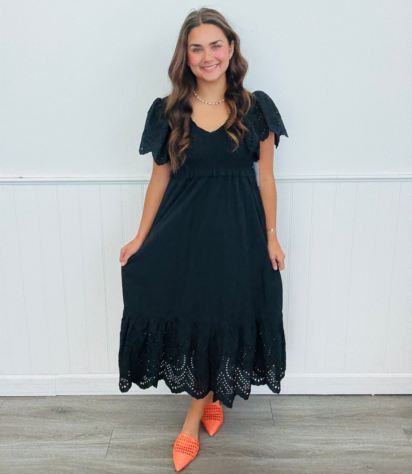 Black Smocked Eyelet Detail Midi Dress (Reg.)