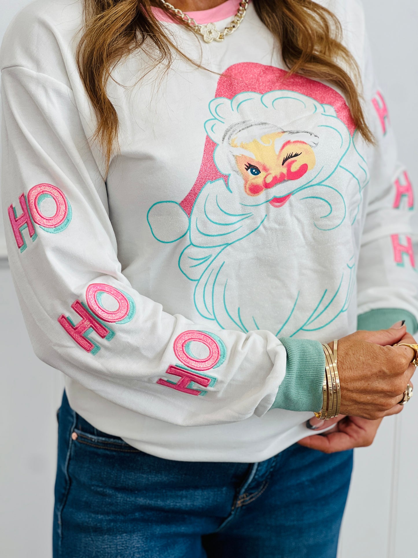 White Glitter Santa Sweatshirt (Reg. and Plus)